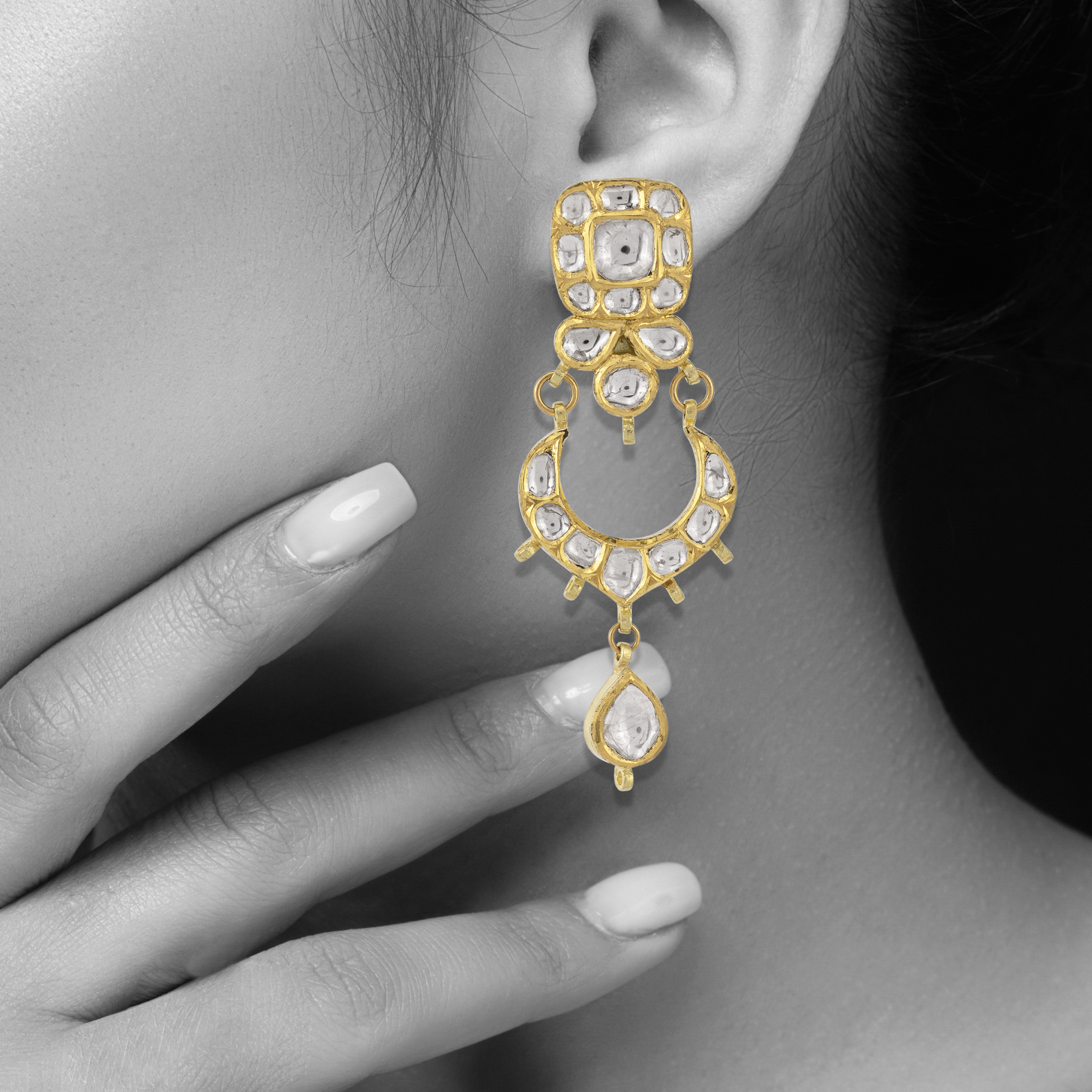 Chandbali Polki Earrings with Teardrop Accents and Pearls